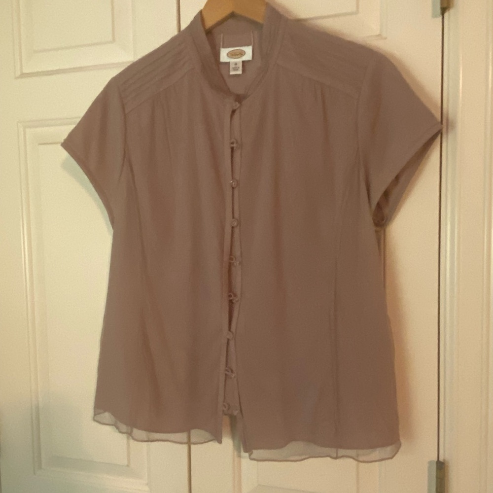 Talbots Button Down Blouse with Mandarin Collar and Cap Sleeves & sheer overlay